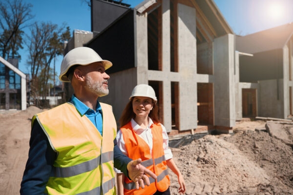 Construction worker showing owner the construction site of her future home.